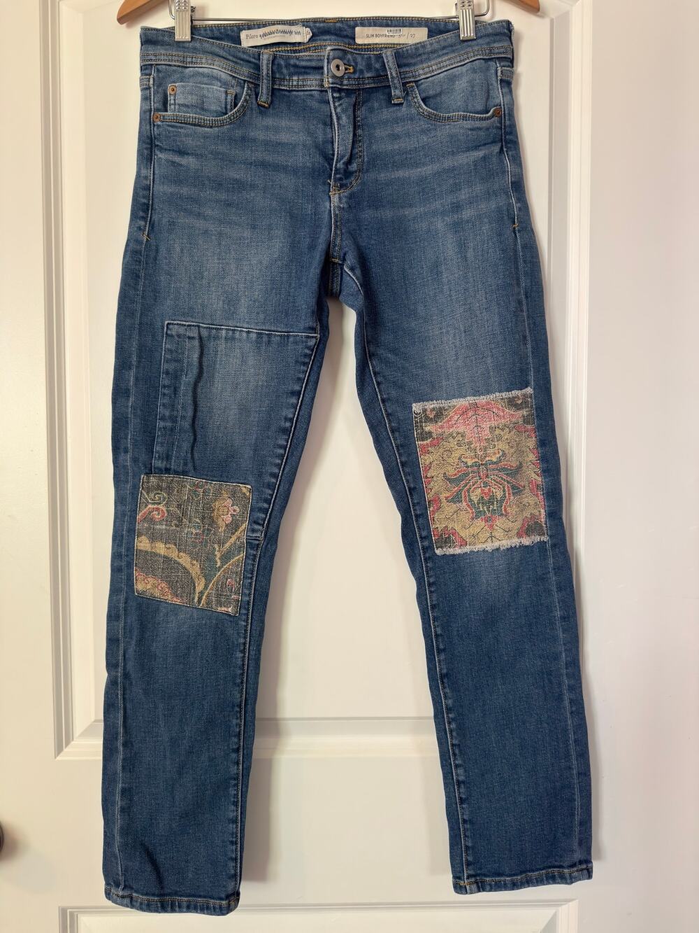 Anthropologie Pilcro Tapestry Patchwork Slim Boyfriend Jeans Blue Boho Size: 27